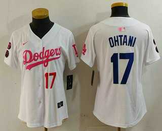 Womens Los Angeles Dodgers #17 Shohei Ohtani Number White Pink With Patch Limited Stitched Jersey